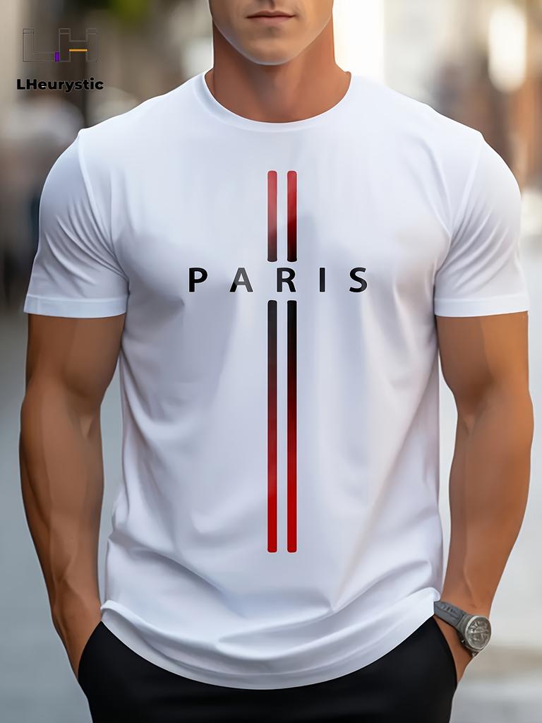 Men's 100% cotton summer loose size PARIS letter Graphic printed slim fit casual sports round neck short sleeved T-shirt top