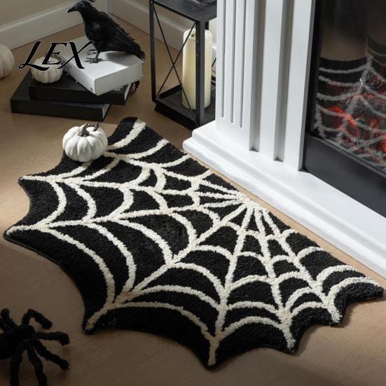 Halloween Floor Rug Spider Web Bath Mat, Gothic Bathroom Rug, Non-slip Indoor Outdoor Porch Black Bat for Home Entrance Bedroom Decor