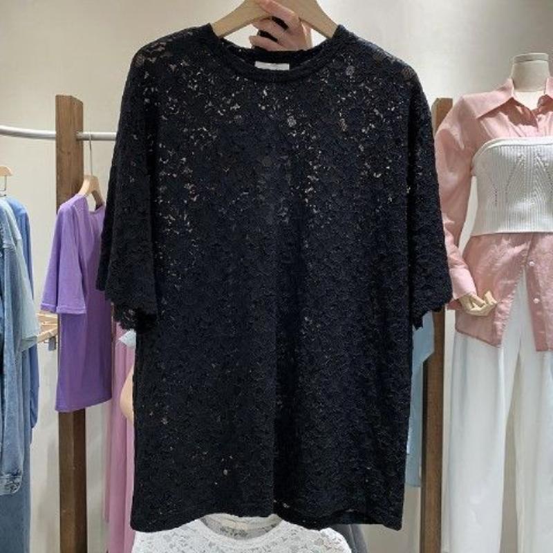 

Summer Woman T-shirts Ropa Mujer Fashion Lace Hollow Out T Shirts O-neck Short Sleeve Tees Oversized Tops White T-shirt M чорний