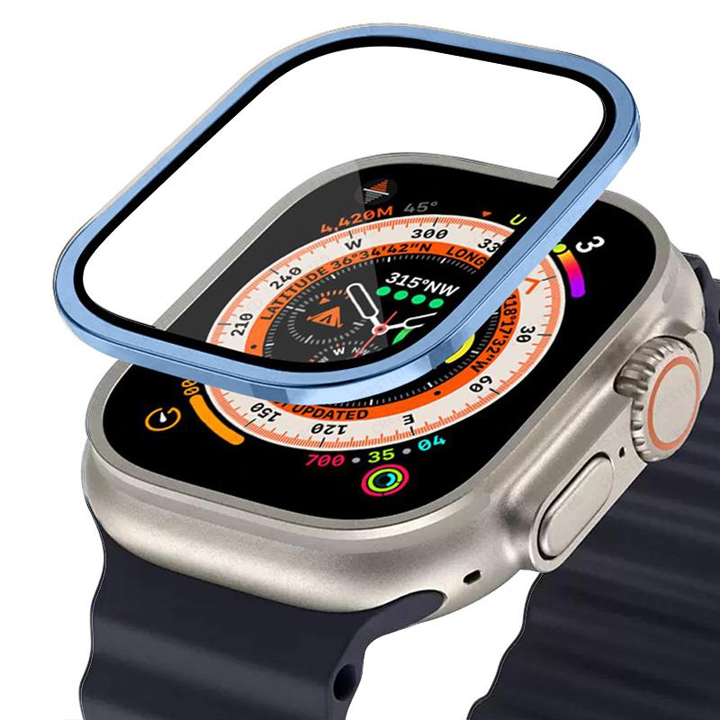

Metal Aluminum Alloy Case for Apple Watch Ultra 3 49mm Screen Scratch-proof Protective Cover Frame+HD Tempered Glass Film Shell Ultra 3-2-1 49MM синий