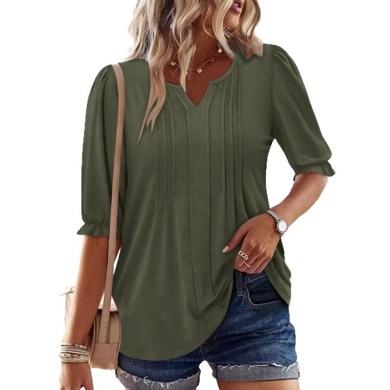 Solid Color V Neck Puff Sleeve Loose Casual Five Quarter Sleeve T Shirt