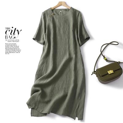 2024 Summer Plus Size Linen Dress: Loose Fit, Retro Style, Short Sleeve, Round Neck