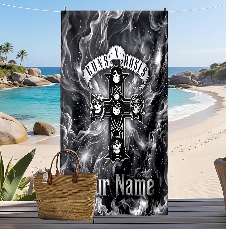 Asciugamano da Spiaggia Personalizzato Guns N’ Roses, Stampa il Tuo Nome Testo Asciugamano Leggero Assorbente per Nuoto Viaggio