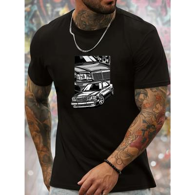 Tamanhos Europeus Camiseta Casual Masculina de Manga Curta | Gola Redonda Respirável, Corte Regular, Estampa de Carro Vintage, Lavável à Máquina, Ideal para o Verão