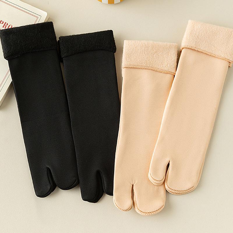 Winter Thicken Plush Warm Two Finger Socks For Women Black Nude Solid Color Snow Socks Middle Tube Split Toe Socks Sleeping Sock
