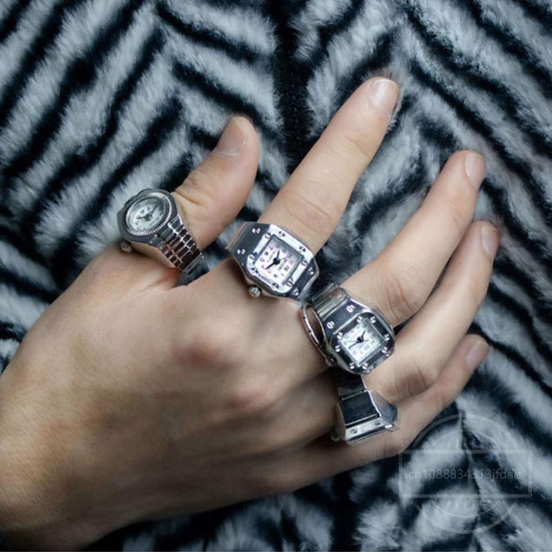 Fashion Mini Quartz Watch Clock Finger Rings for Men Women Elastic Strap Punk Gothic Couple Roman Ring Jewelry Gift