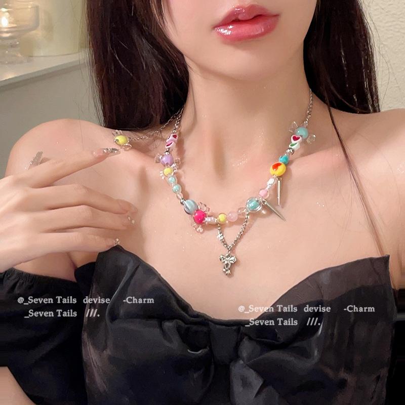 Rainbow Candy Necklace Women INS Niche High Sense Viral Internet Accessories Sweet Cool Girls Clavicle Chain Trend Neck Chain