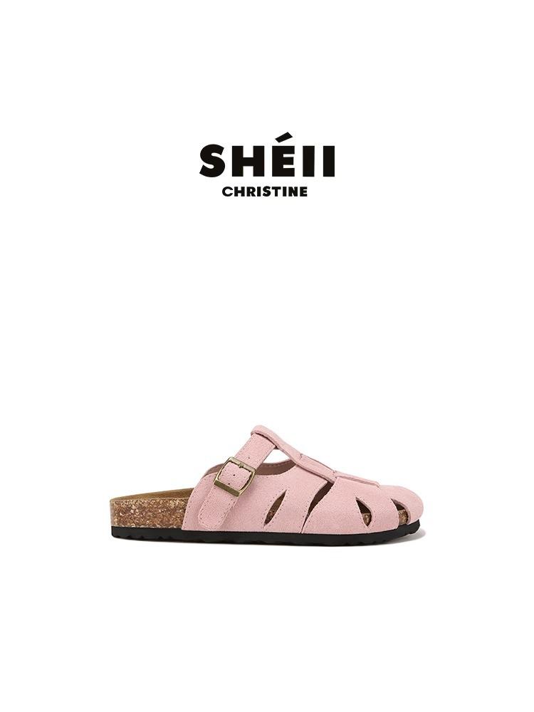 

Solid Wear Doctrine~ Leather Hollow Thick Bottom French Baotou Birkenstock Slippers Women s Half-drag Outer Wear Summer 42 рожевий
