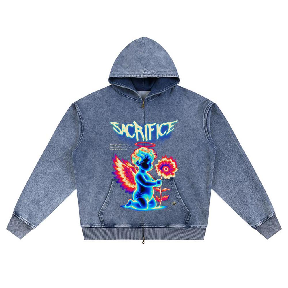 DTG Print Knitted Denim Zip-Up Hoodie Streetwear Brother Print Zipper Hoodies  