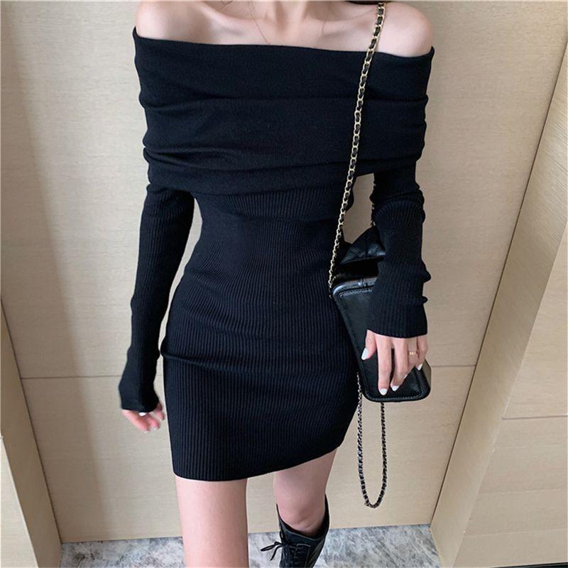 Retro sexy babes one-word shoulder long-sleeved dress women's spring new slim-fit inner niche hip-wrapped short skirt