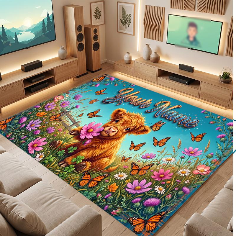 Floral Garden Theme Soft Crystal Velvet Rug Custom Name & Text Print Non Slip Floor Rug for Bedroom Living Room