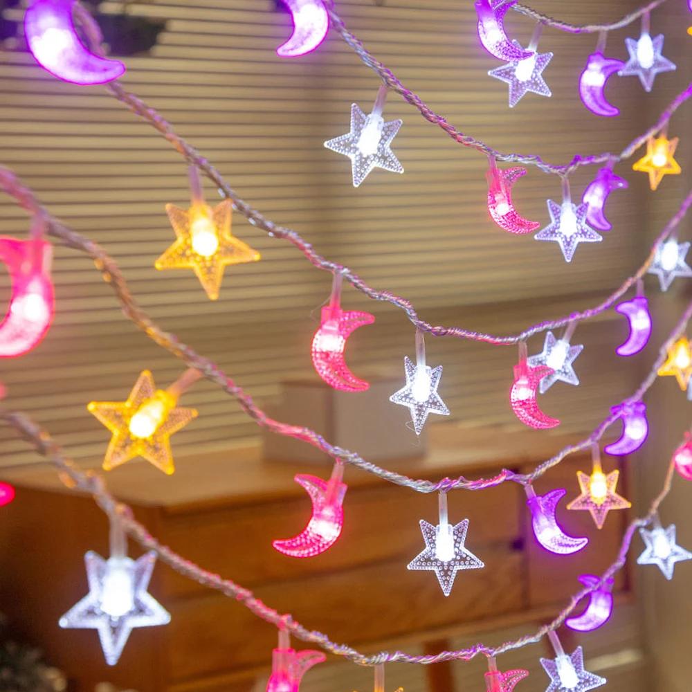 LED Colorful Star and Moon Decoration Atmosphere Lamp String Fairy Decoration Hanging Lamp for Home Garden Camping and Gathering
