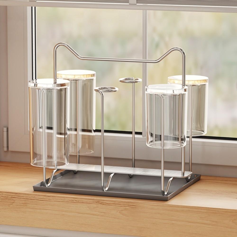 Stainless Steel Cup Drying Rack Large Capacity Saving Space Glass Cup Storage Rack Upside-Down with Handle Tea Cup Holder