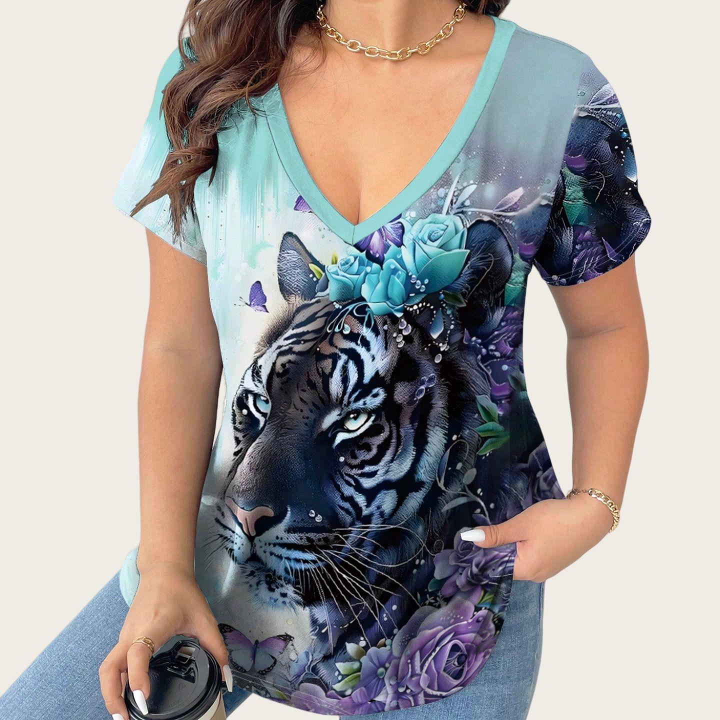 

2025 Trendy Plus Size V-Neck Women s T-Shirt with Tiger Print - Short Sleeve Casual Fashion 3XL