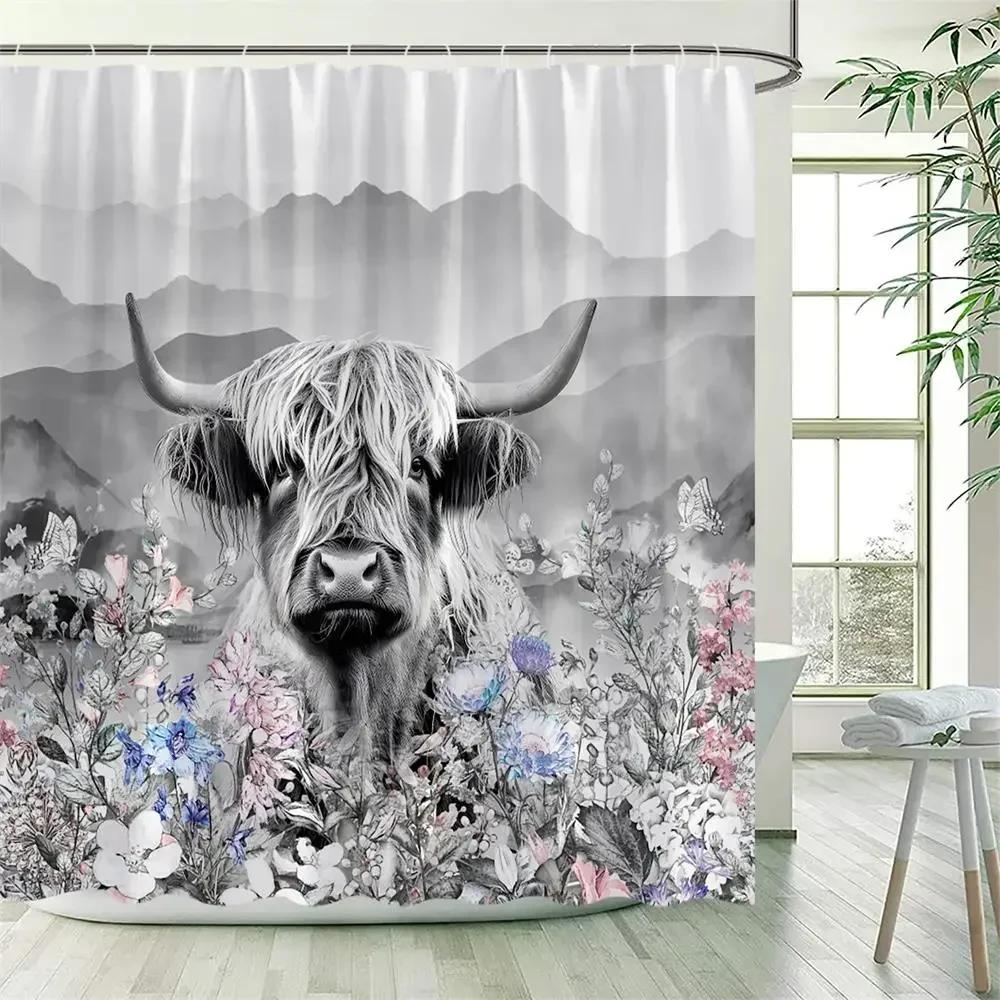 Funny Highland Cow Shower Curtain Farm Animal Sunflower Watercolour Flowers Farmhouse Polyester Fabric Bathroom Decor with Hooks