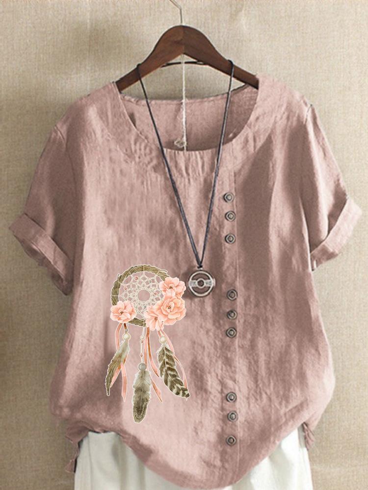 Women's Fashion Feather Flower Print Casual Cotton Linen Short Sleeve Round Neck T-shirt Shirt Leisure Loose Summer Blouse Tops