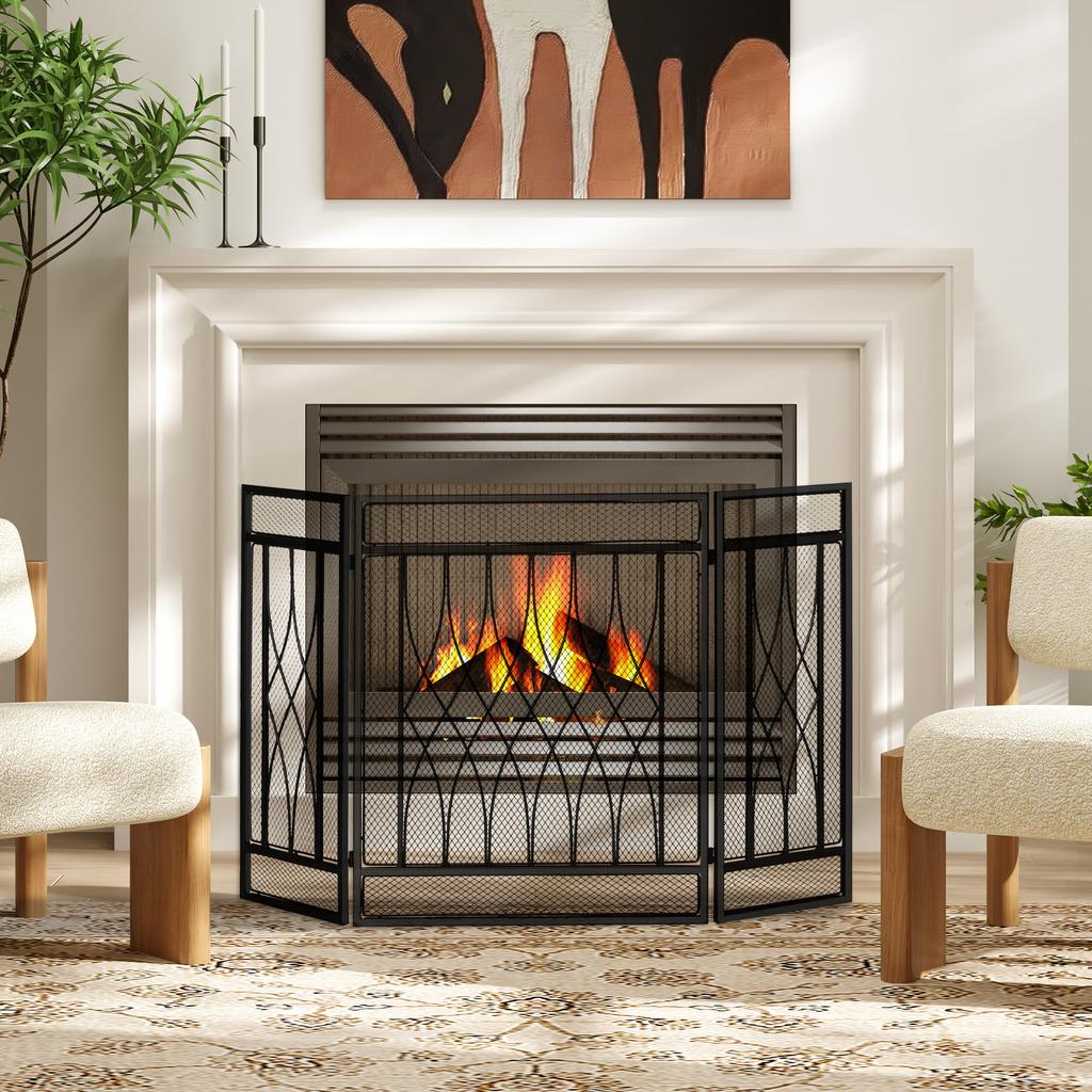 Schermo Pieghevole Metallico a 3 Pannelli per Camino 126cm Protezione Calore Fiamma Bambino Animale Domestico Casa Barriera Scintille Circondare con Motivo a Rete