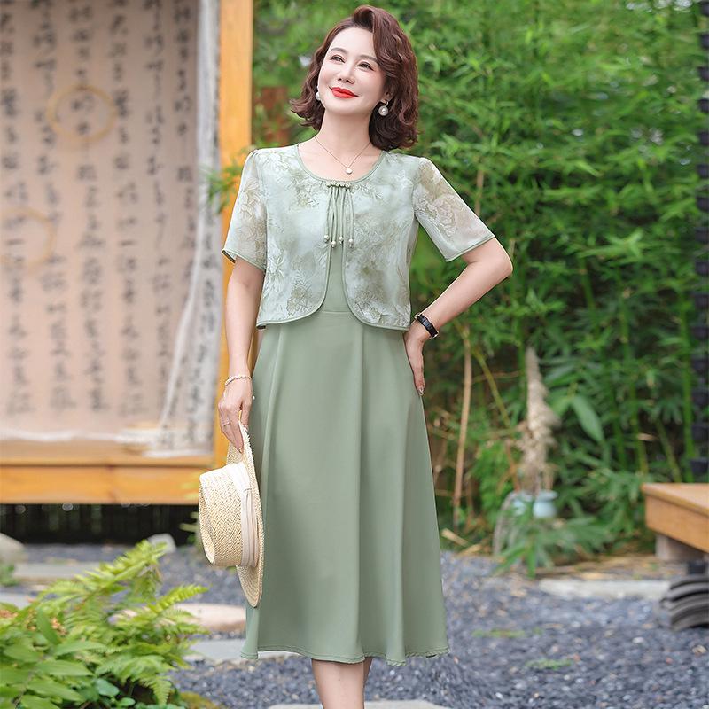 

2026 Slimming Chinese Style Summer Dress for Middle-Aged and Elderly Moms 3XL [120-130 lbs] зелёный
