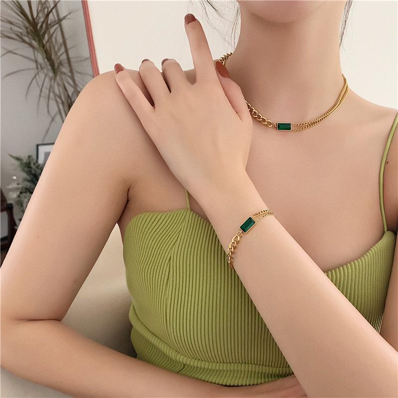 Emerald Gemstone Double Layer Choker Necklace