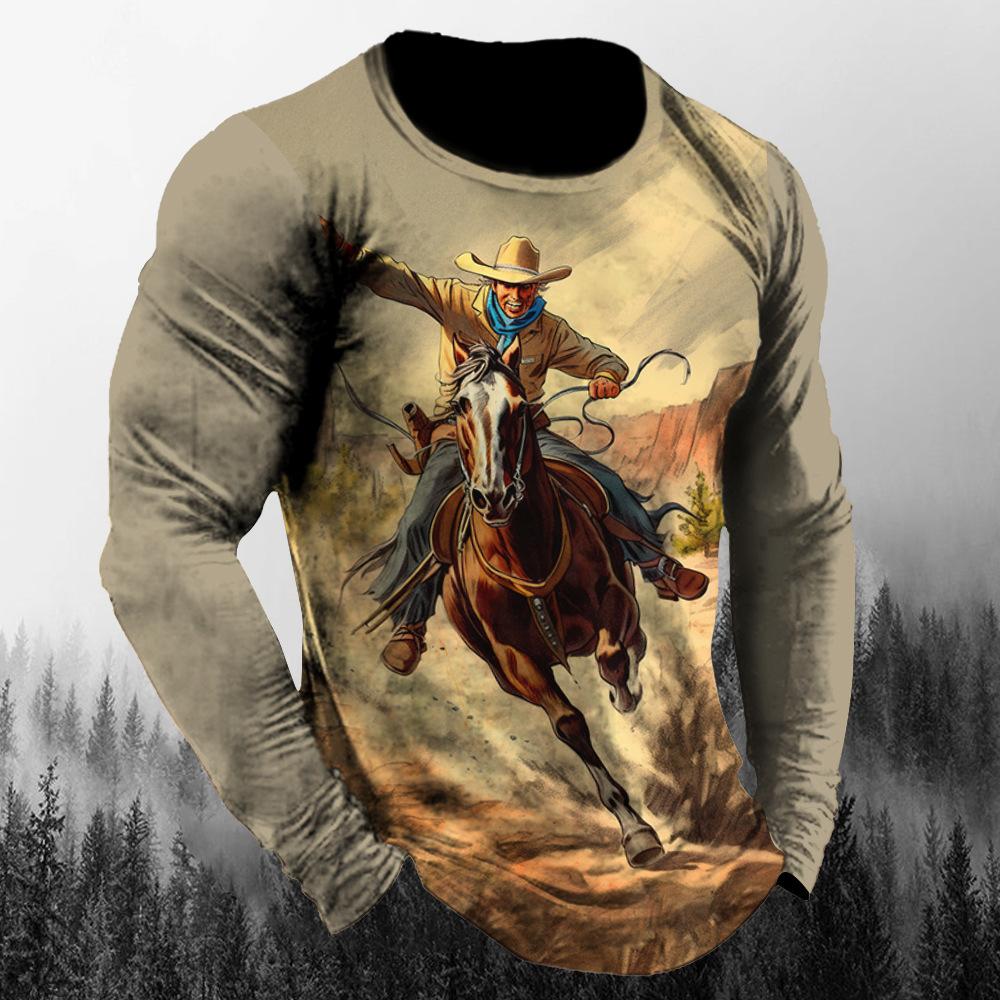 Western Cowboy Retro Macho-Stil 3D-Druck Frühling und Herbst Herren Langarm-T-Shirts Lässig und modisches Oberteil