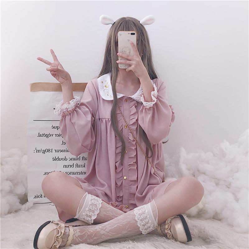 Frühling Herbst Kleid Frauen Harajuku Rosa Damen Rüschen Spitze Patch Kawaii Kleider Lolita Cosplay Süße Lose Vestidos