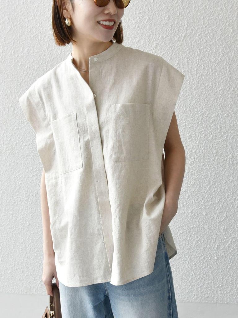 Ships Any Machine Washable Linen and Cotton Band Collar French Sleeve Pocket Shirt 721110069 Natural One Size