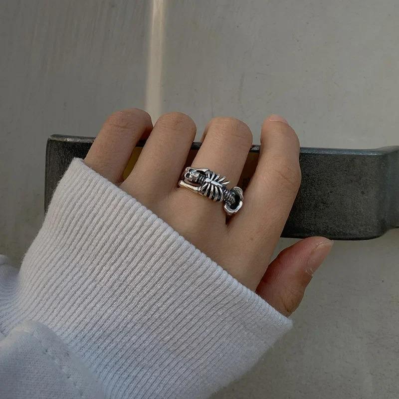 New Creative Gothic&Punk Skeleton Bones Opening Ring for Unisex Exaggerated Retro Ring Vintage Hip Hop Rock Silver Color