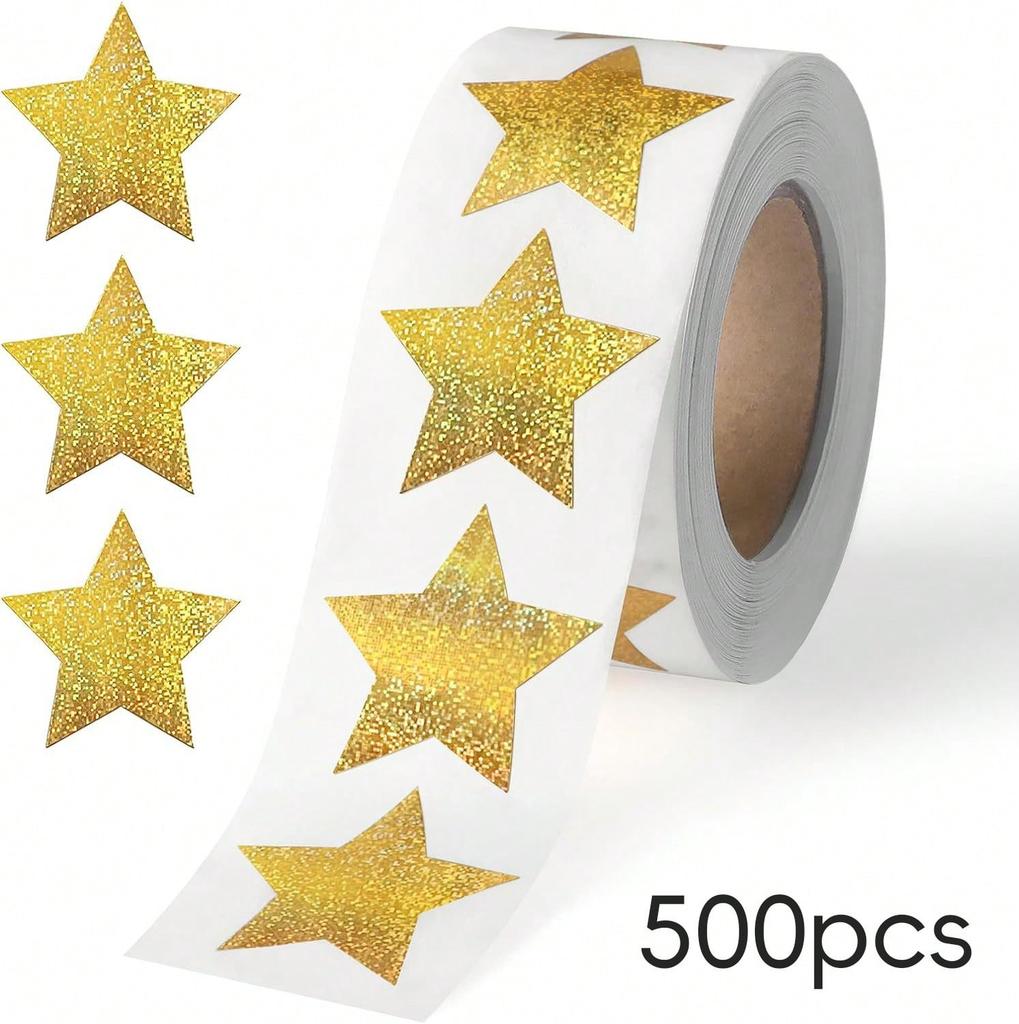 500 sheets per roll - Laser-finished fine sand gold five-pointed star stickers - Roll for gift decoration envelope sealing stickers