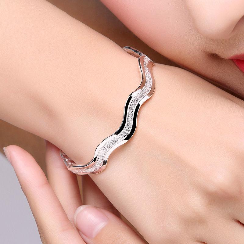 White Copper-Plated Sandblasted Wave Quicksand Water Ripple Silver Bangle for Women