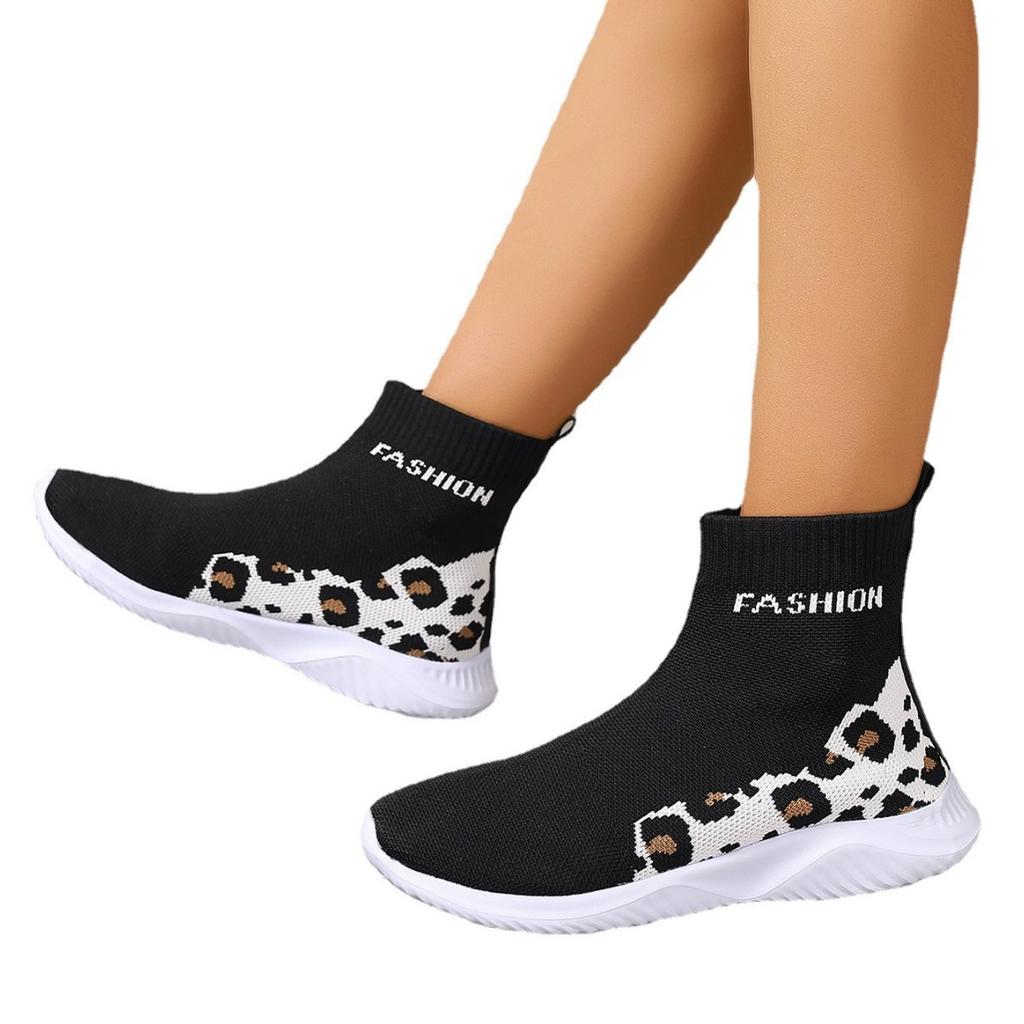 Foreign Trade Women's Flat-bottomed Casual Mid-top Shoes 2025 New Round Head Fly-woven Elastic Cloth Socks Shoes Women's Shoes