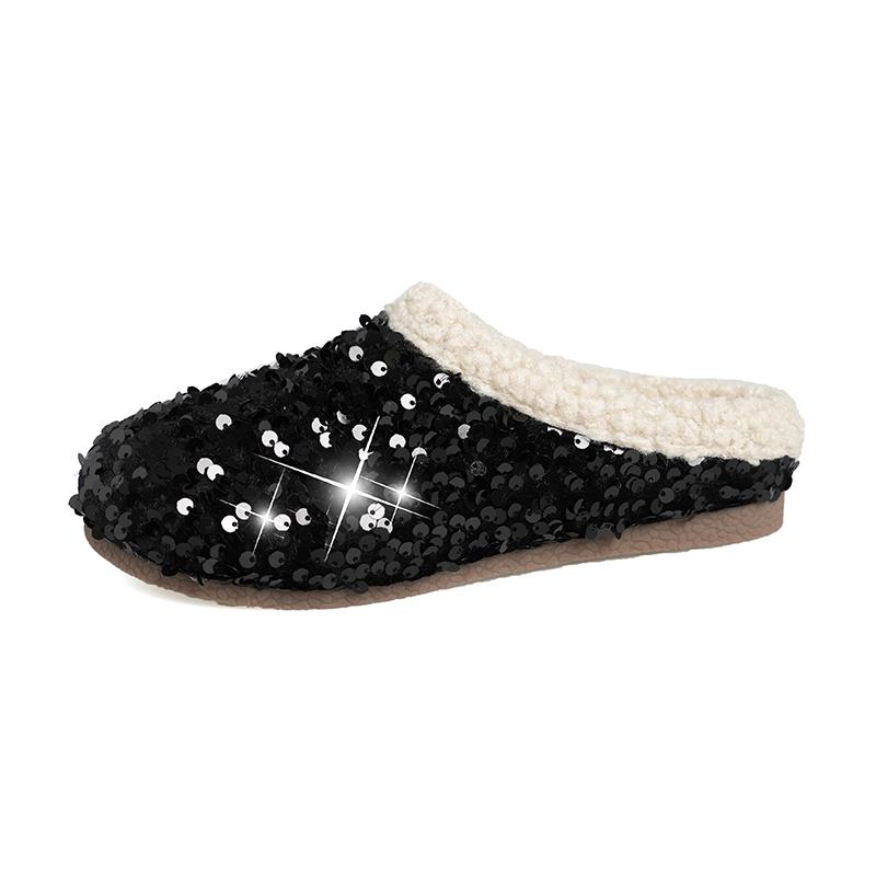 Sequin Baotou Slippers Autumn and Winter New Round Toe Deep Mouth Soft Sole Non-slip Wear-resistant Flat Shoes