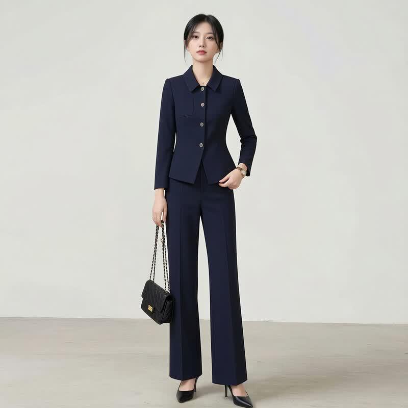 Women's Navy Polo Collar Blazer Suit Set