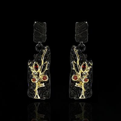 Cercei vintage negru auriu stil ramuri cu rubin în formă de picătură, pandantiv din argint veritabil, cercei lungi pentru costume pentru femei