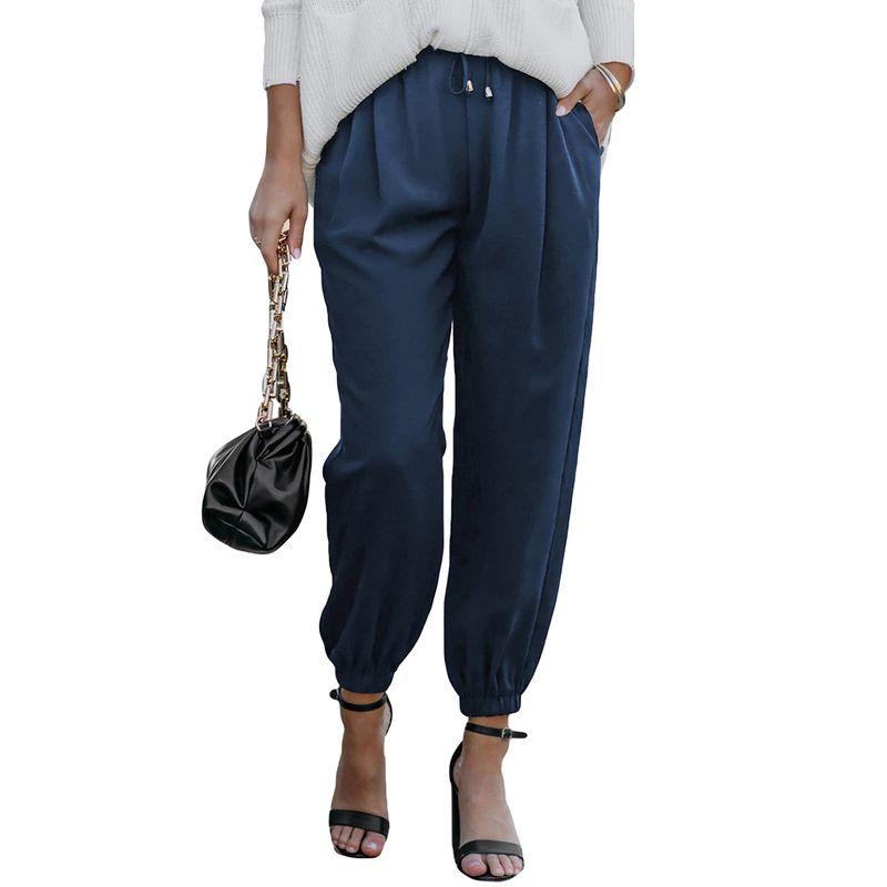 

American Acelitt Solid Simple Commuter Versatile Casual Pants Women Summer Elastic Waist Lace-up Ankle-Tied Pants Women Dark blue XL