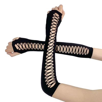 Women Elbow Length Punk Gloves Elastic Fingerless Gloves Touch Screen Mittens Cutout Cross Mesh Gloves Cosplay Party Costumes