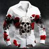 New Men's 3D Skull Print Button Up Shirt Long Sleeved Deep Punk Gothic Flower Style Outdoor Holiday Collar Shirt Top