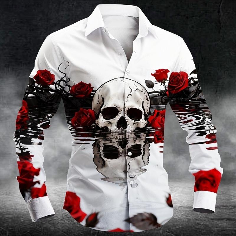 New Men's 3D Skull Print Button Up Shirt Long Sleeved Deep Punk Gothic Flower Style Outdoor Holiday Collar Shirt Top