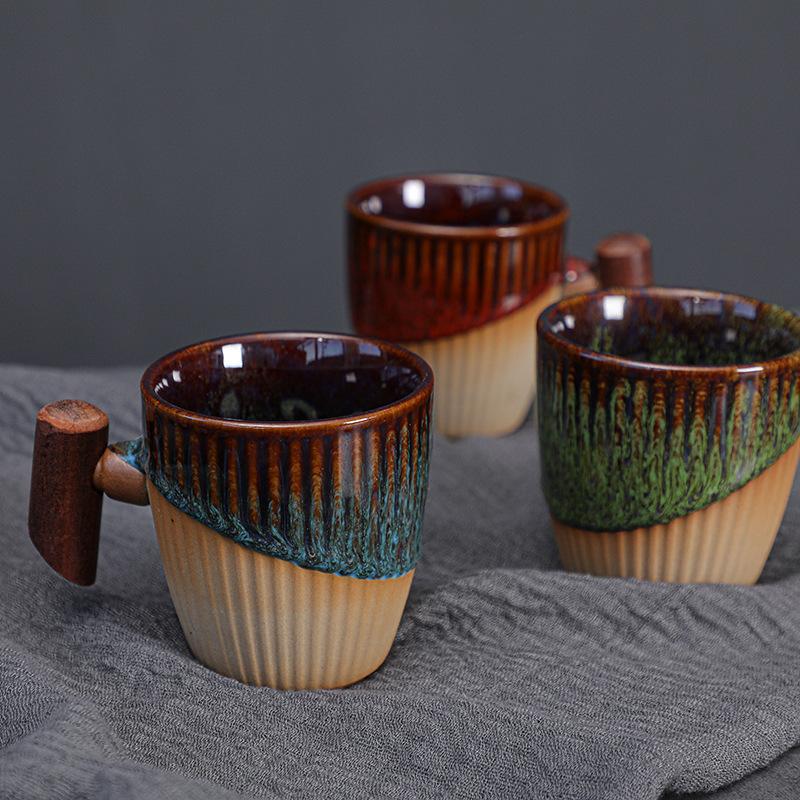 Coarse pottery coffee cup medieval cup wooden handle mug niche kiln change Japanese retro ceramic water cup afternoon tea cup