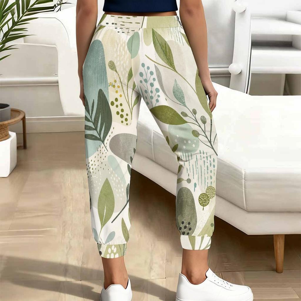 Women Plus Size Tropical Leaf Printed Drawstring Waist Cuffed Ankle Jogger Pants With Side Pockets