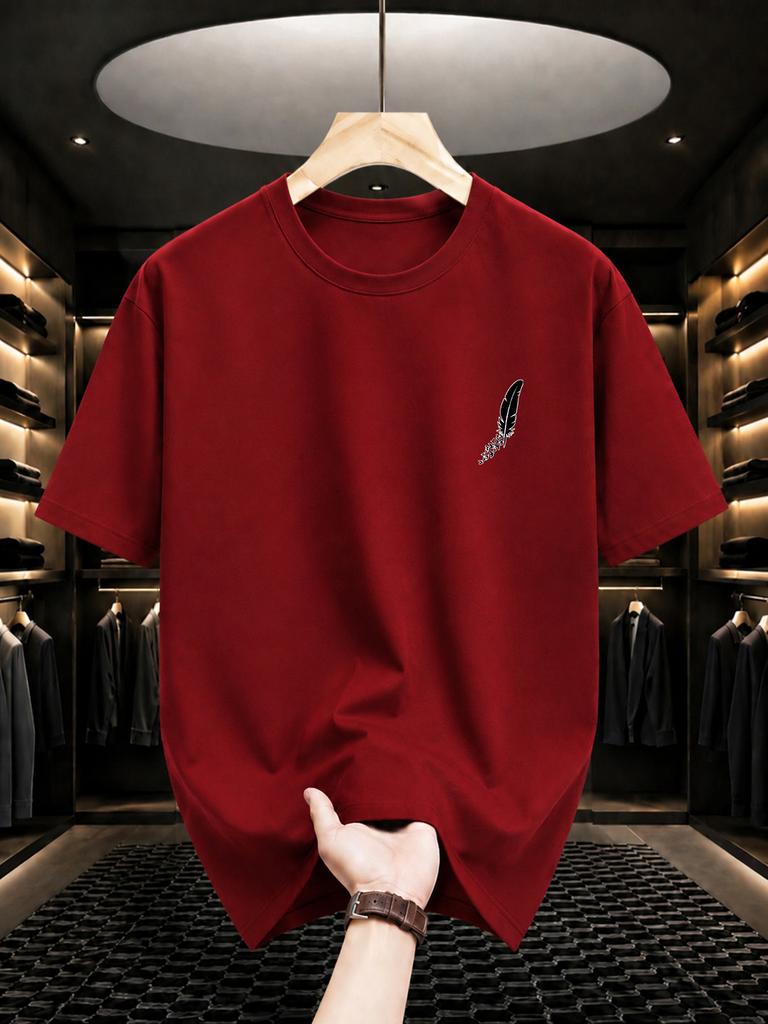 2026 New 100 Cotton Tee Minimal Left Chest Feather Small Graphic Casual Short Sleeve
