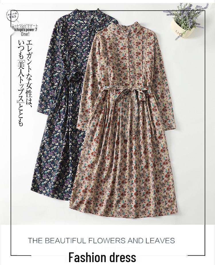 2026 Spring Retro Floral Midi Dress with Ruffle Collar and Tie Waist