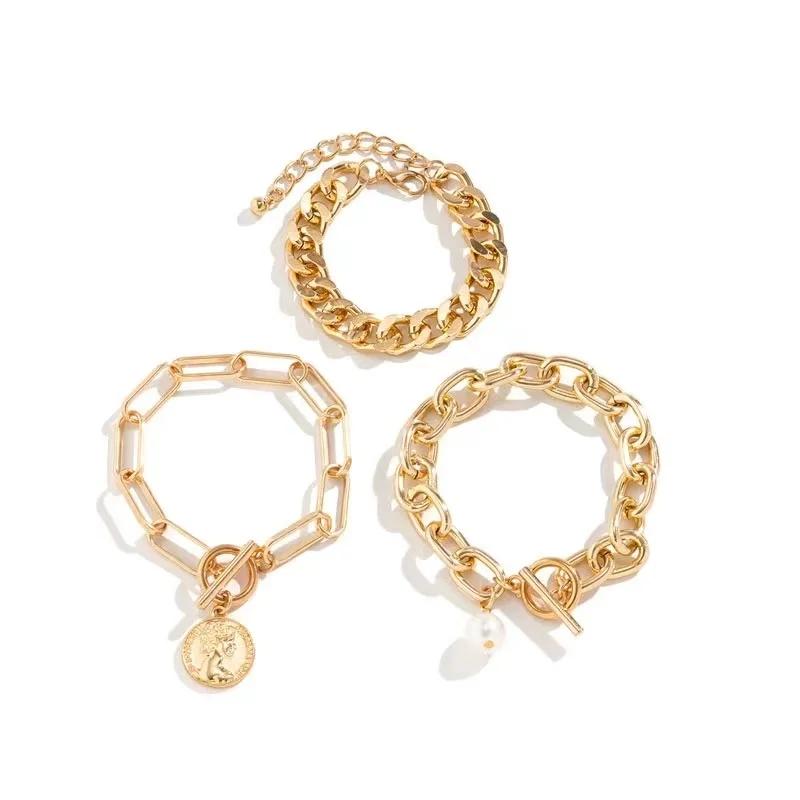 Punk Metal Damenmode Dicke Kettenglieder Armbänder Armreifen für Frauen Vintage Goldfarbe Geometrische Armbänder Set Schmuck Geschenk