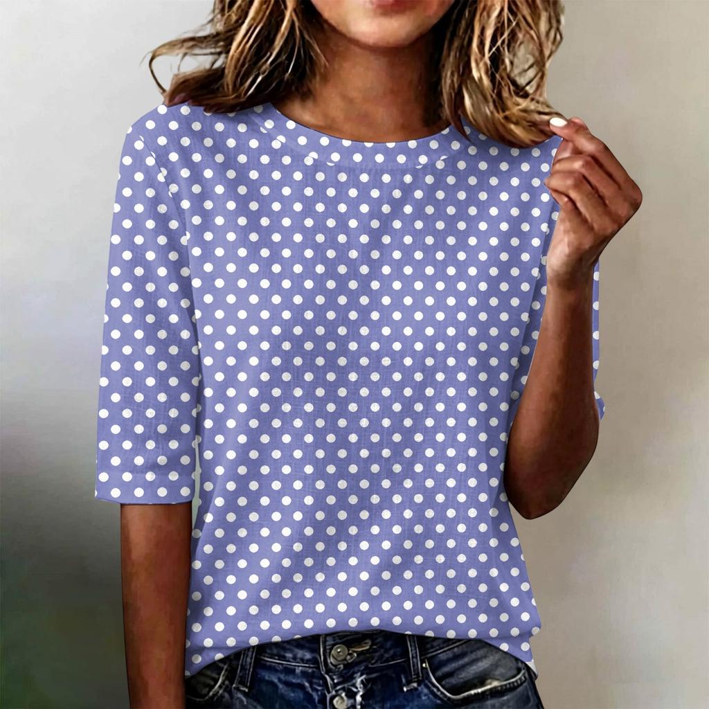 Women's Casual Loose Fit Short Sleeve Top Round Neck Lightweight Comfortable Soft Fabric Polka Dot Pattern Everyday Wear