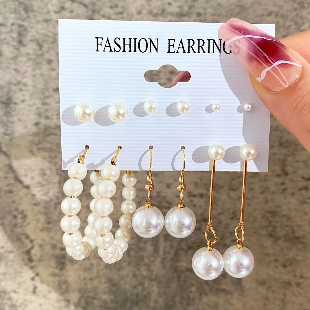 European and American style metal earrings square geometric earrings retro imitation pearl earrings Hepburn style earrings set