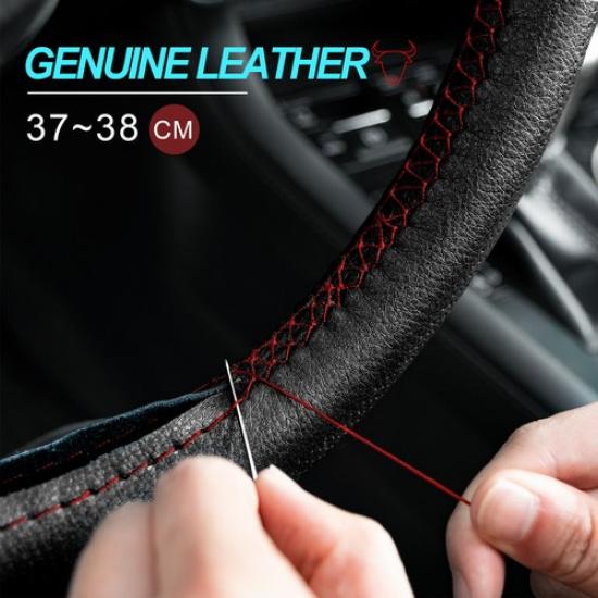 Car Steering Wheel Cover Genuine Leather Breathable Anti-slip DIY For 15 38cm.