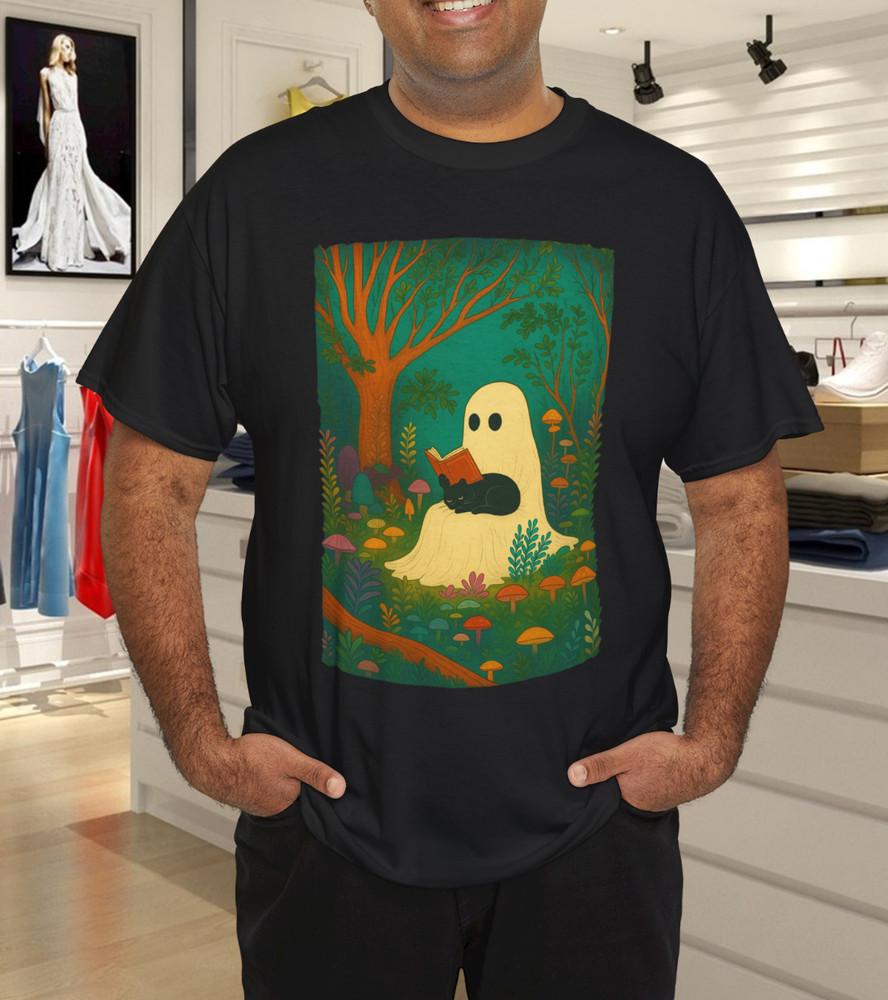 Reading Book Black Cat Halloween Ghost Teacher T-Shirt Adult Look