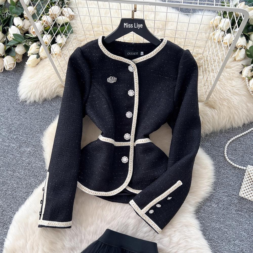 Autumn Women's High-End French Style Suit: Round Neck Blazer & Mesh Pleated Skirt