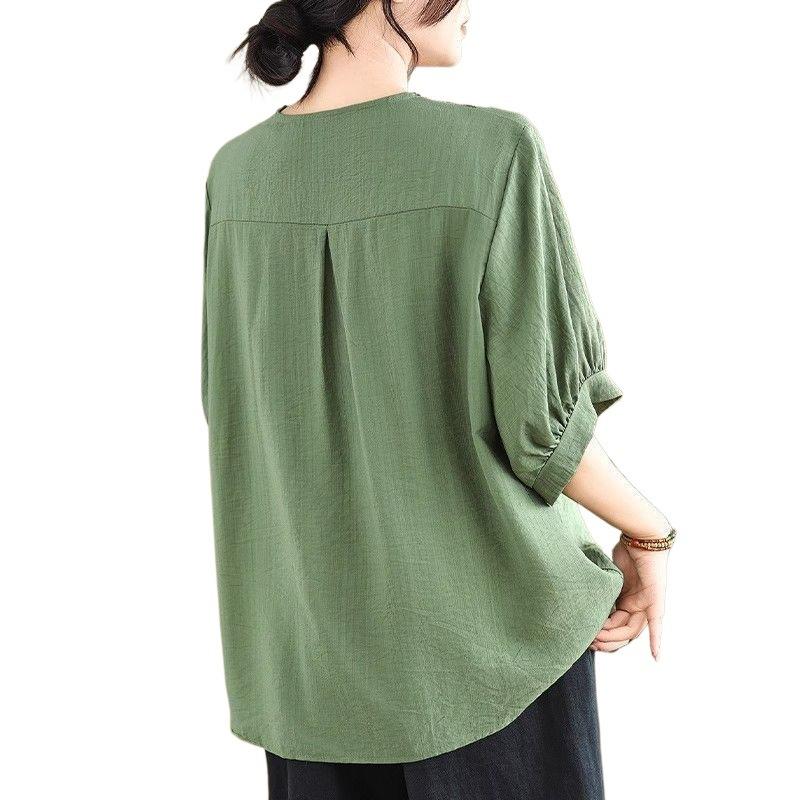 Summer Retro Cotton Linen Blouse Top for Women Loose Fitting Pullover Artistic Retro Casual Short Sleeved Shirts