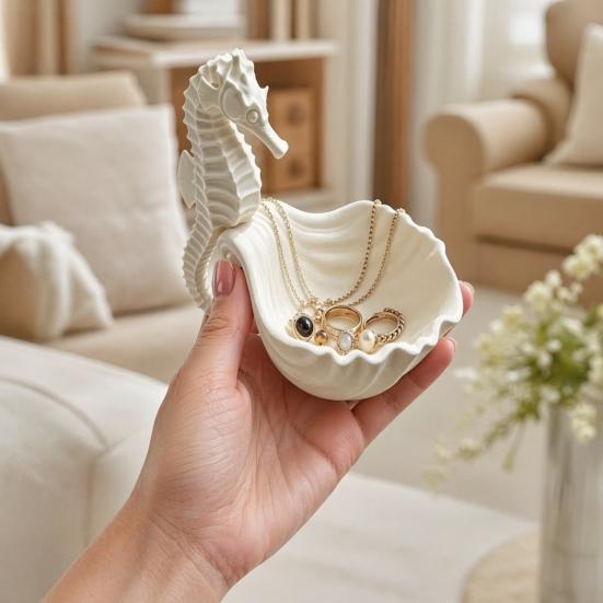 Jewelry Organizer Holder, Seahorse Shape Storage Tray, with Wave Shell 3D Printed Tray Groove Design, for Rings Necklaces Earrings Dressing Table