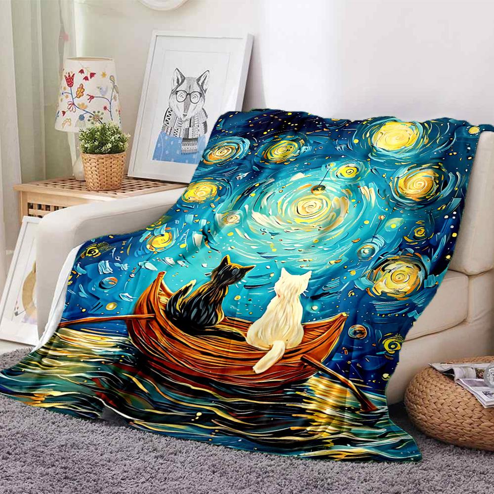 1pc Cat Night Lightweight Flannel Blanket, Comfortable and Warm Blanket, for Office and Camping Sofa Bed, Livingroom106